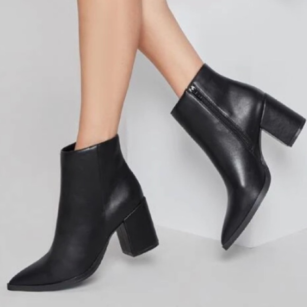 Chunky Block Heel Pointed Toe Faux leather Booties